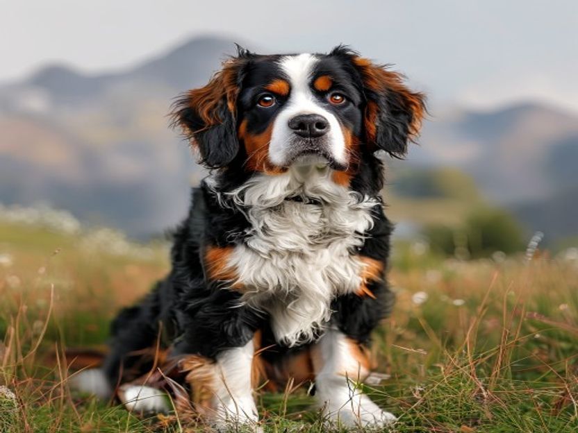 A friendly Bernalier sitting in a sunlit mountain meadow